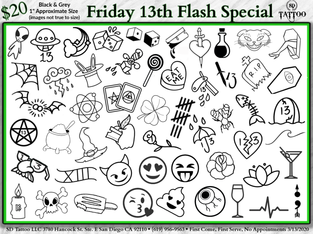 SD Tattoo Friday 13th Event Flash Tattoo Piercing Discounts